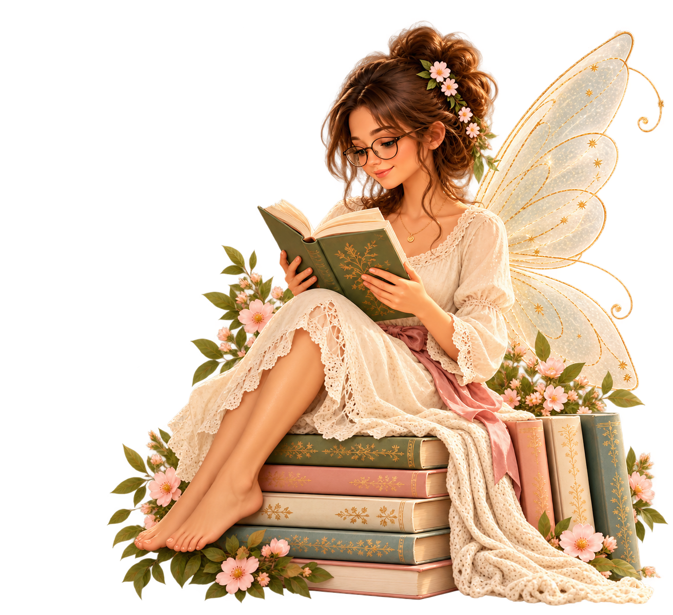 Bücherfee mit Brille liest auf einem Bücherstapel